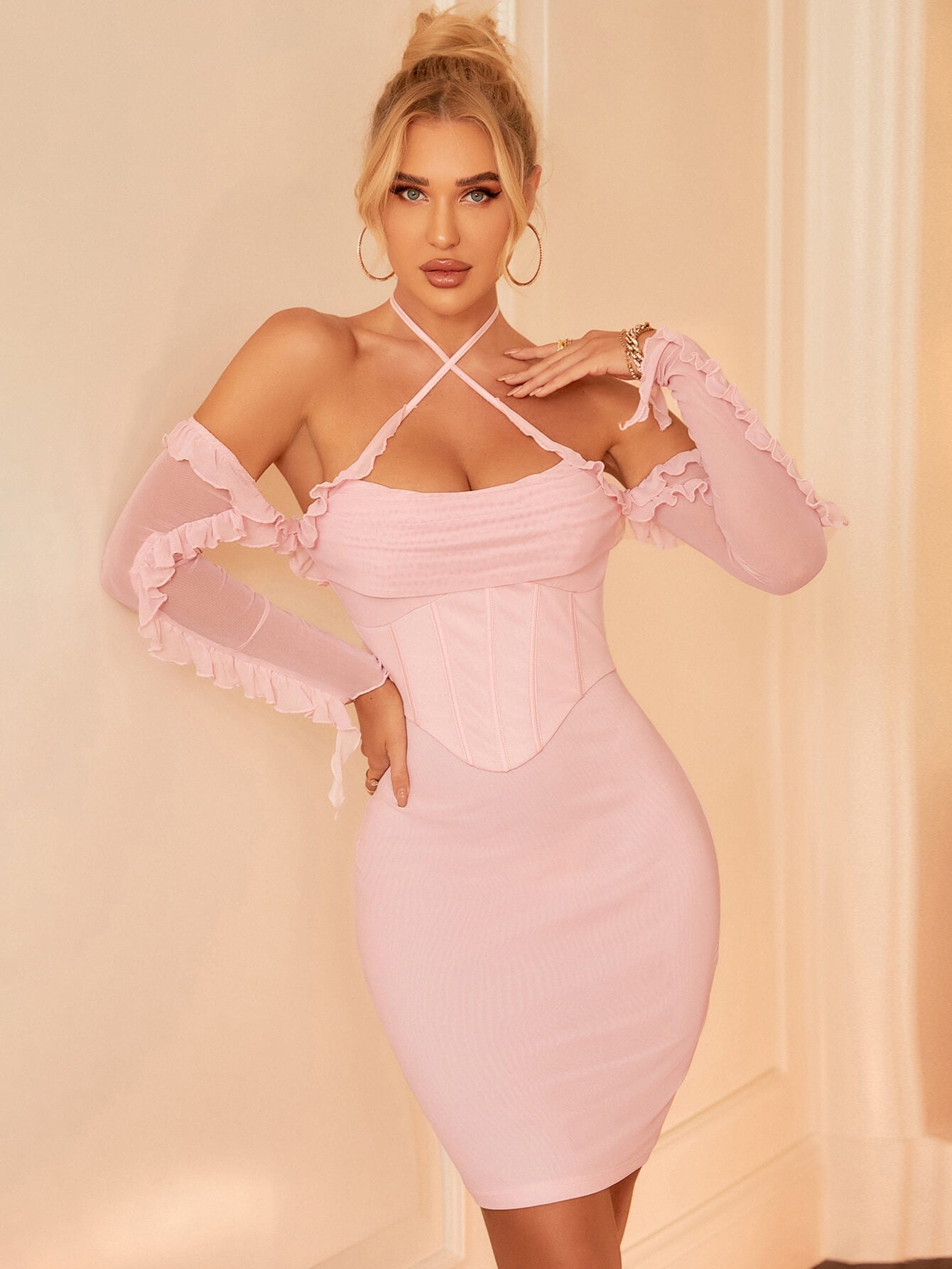 Ruffles Off Shoulder Boning Mesh Bodycon Dress