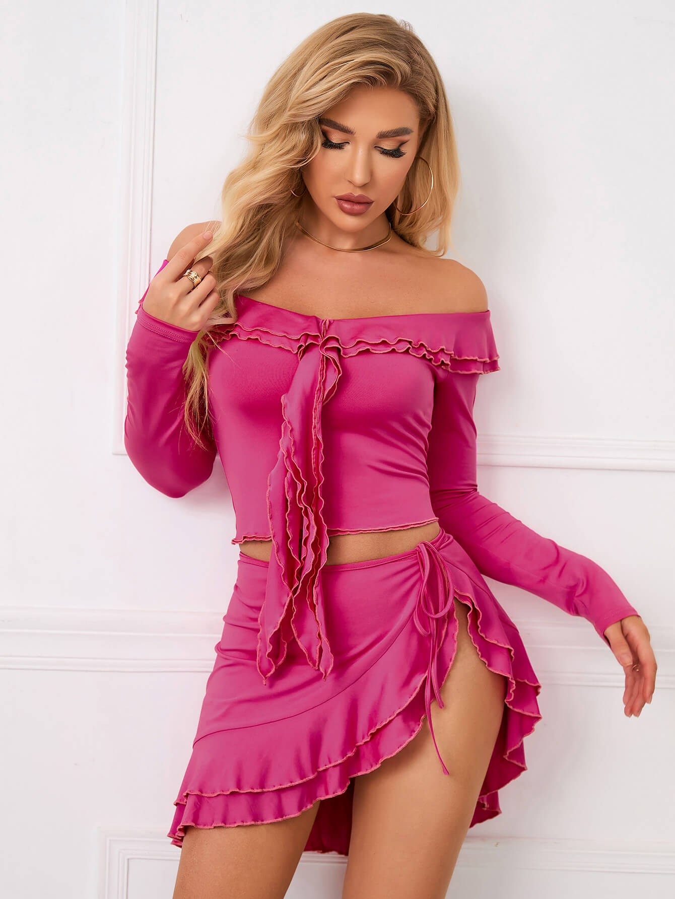 Off Shoulder Ruffle Trim Knot Front Crop Top & Skirt