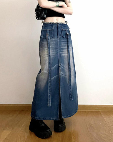 Nostalgia Maxi Denim High Slit Skirt