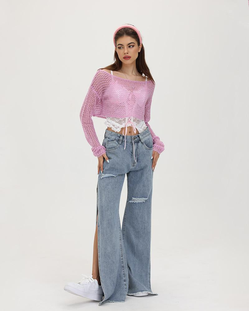 Dreamscape Knitted Eyelet Cropped Sweater