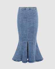 Hollow Sitch Flare Denim Slit Skirt