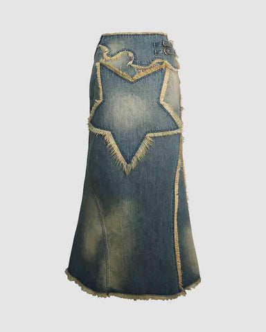 Nova Star Distressed Denim Maxi Skirt
