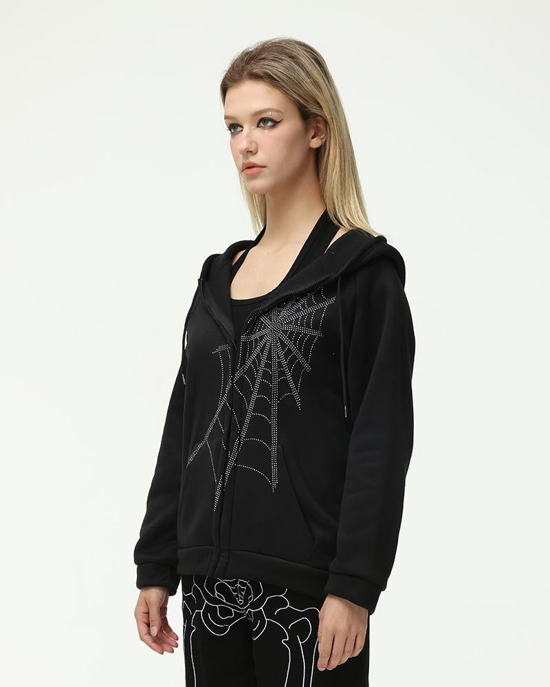 Embellished Web Oversized Zip Hoodie