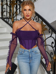 Boning Crisscross Halter Ruffles Mesh Corset Top