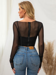 Long Sleeve Cut Out Mesh Corset Top