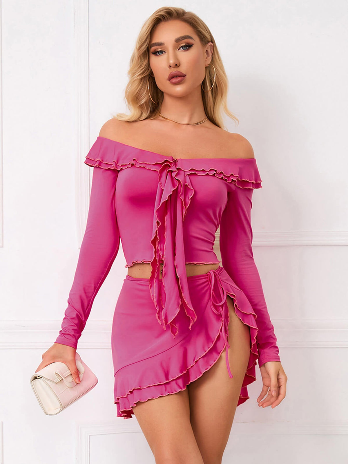 Off Shoulder Ruffle Trim Knot Front Crop Top & Skirt