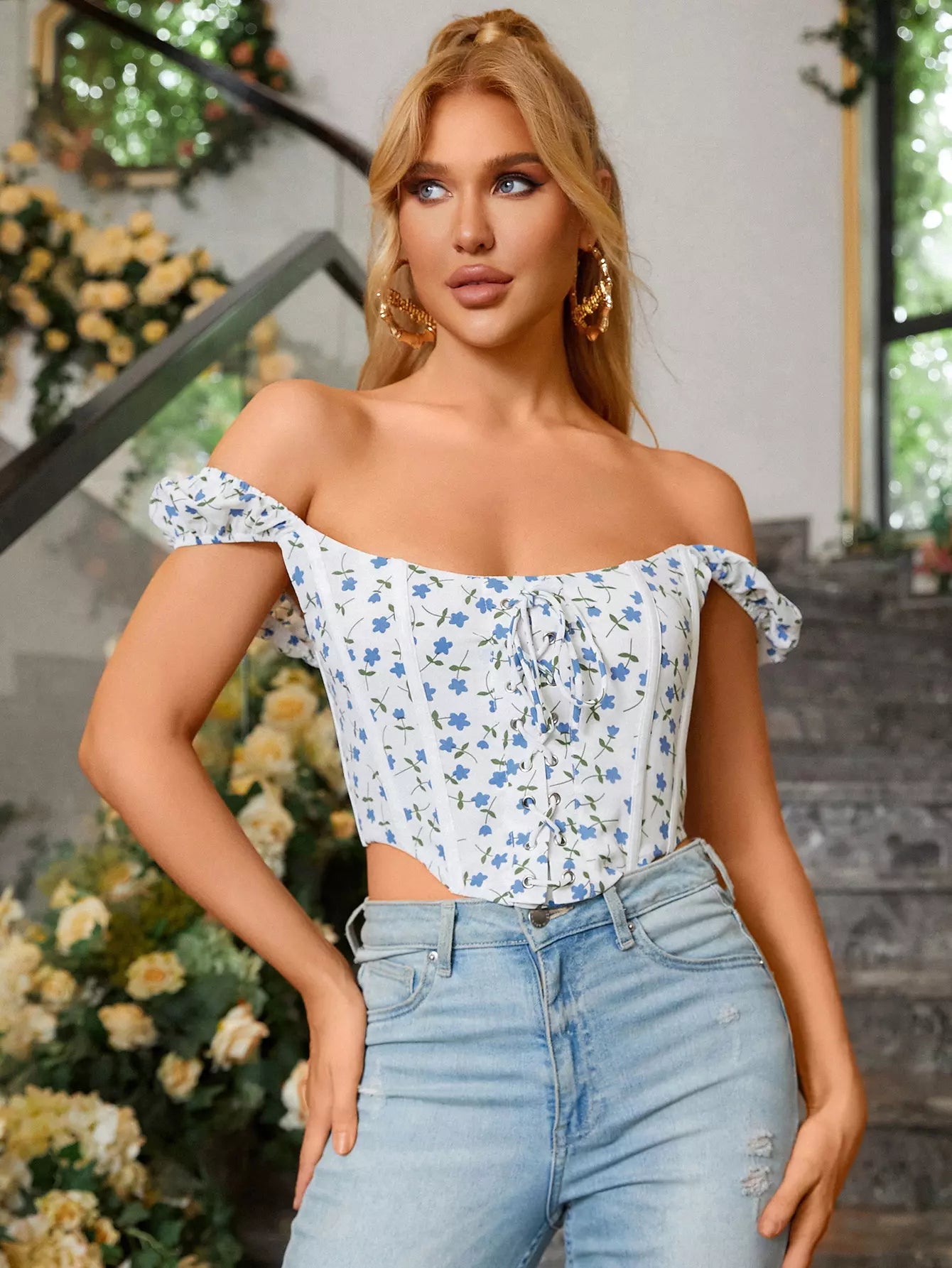 Off The Shoulder Floral Corset Top