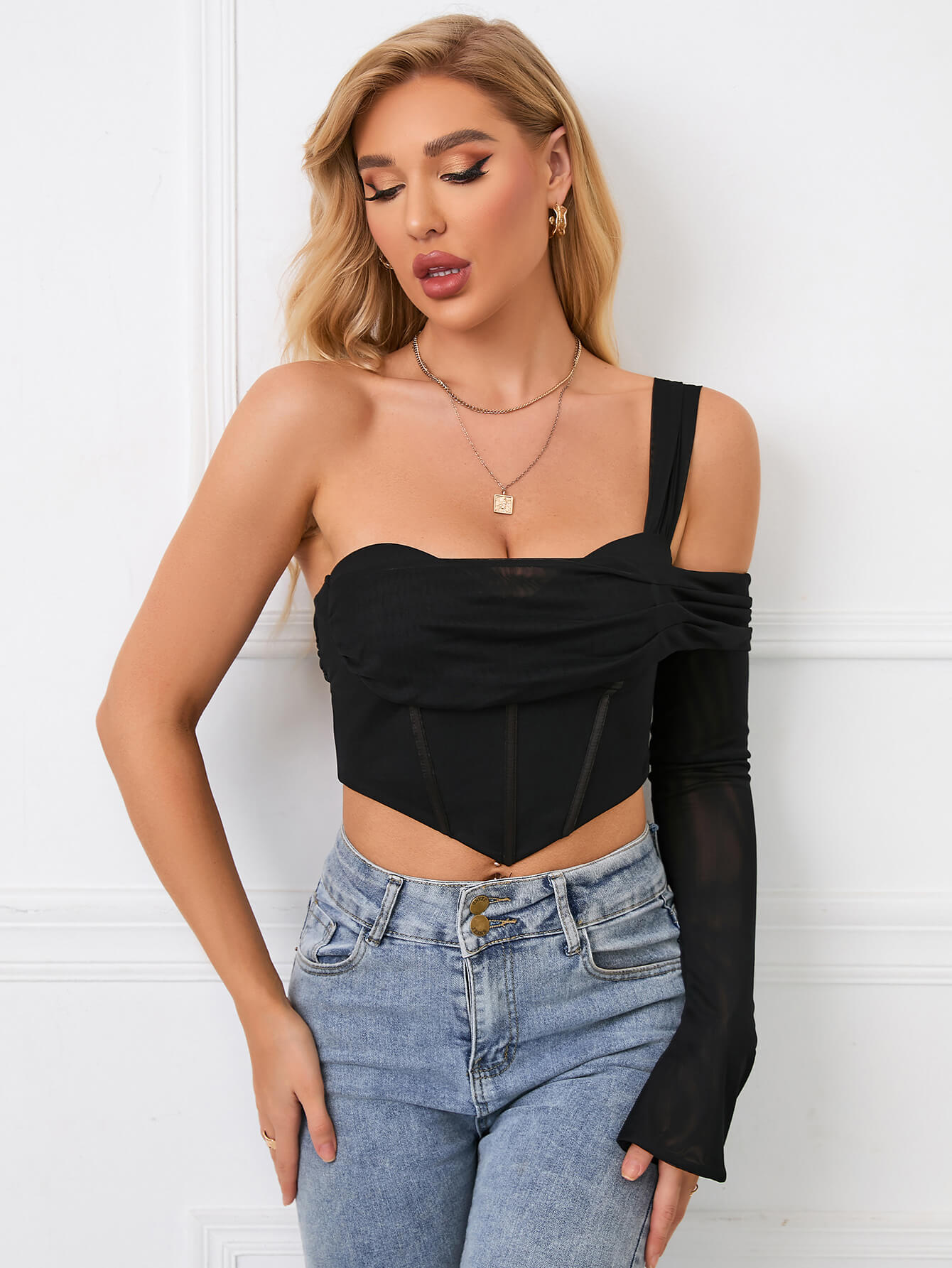 One Sleeve Corset Mesh Top