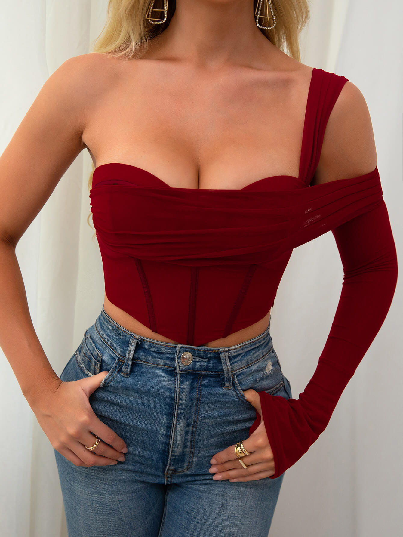 One Sleeve Corset Mesh Top