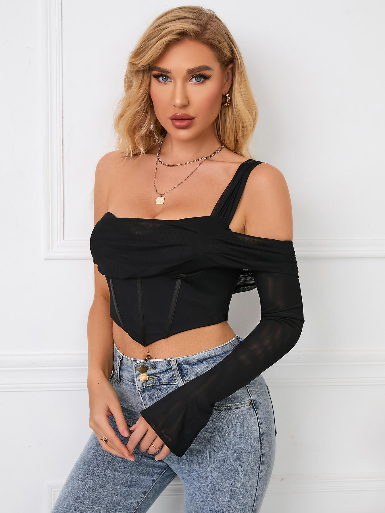 One Sleeve Corset Mesh Top