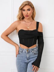 One Sleeve Corset Mesh Top