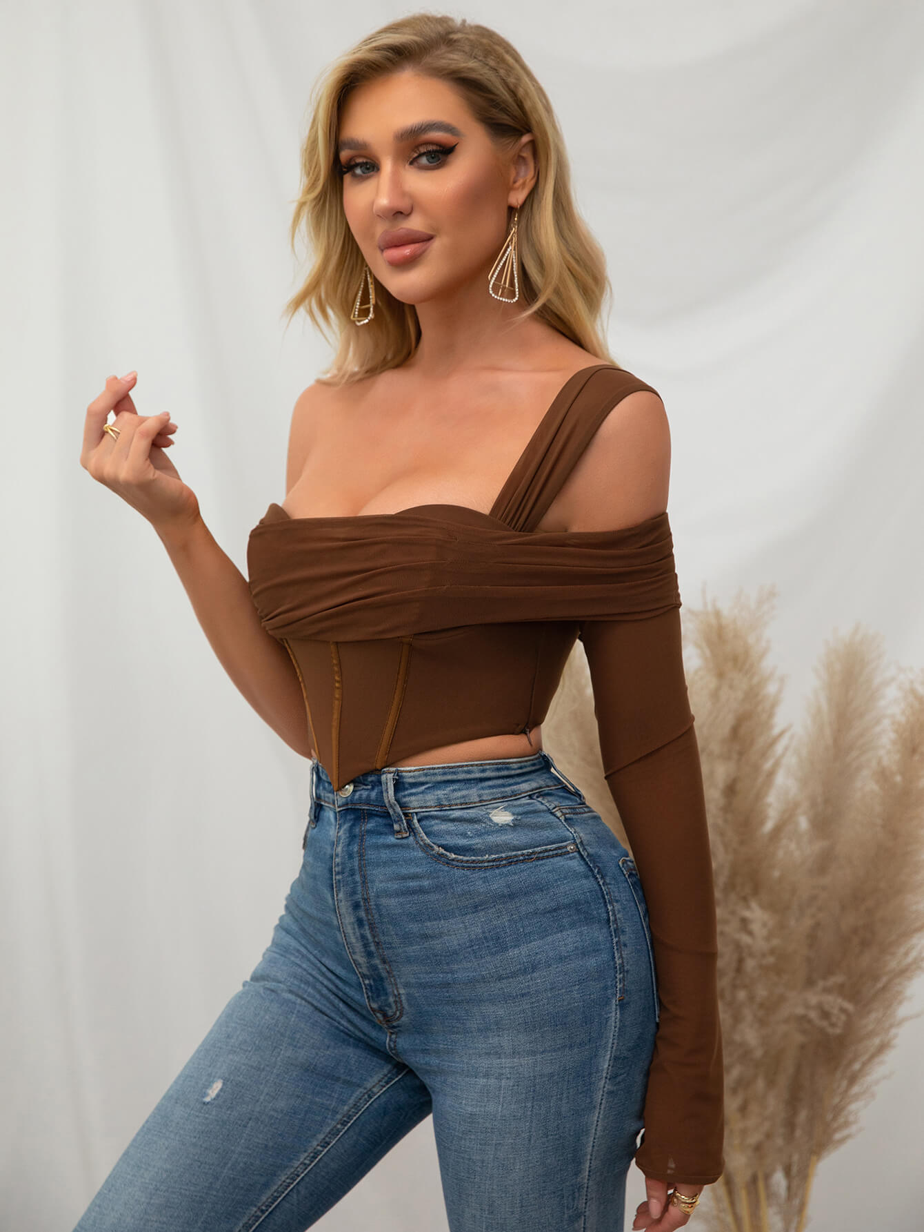 One Sleeve Corset Mesh Top