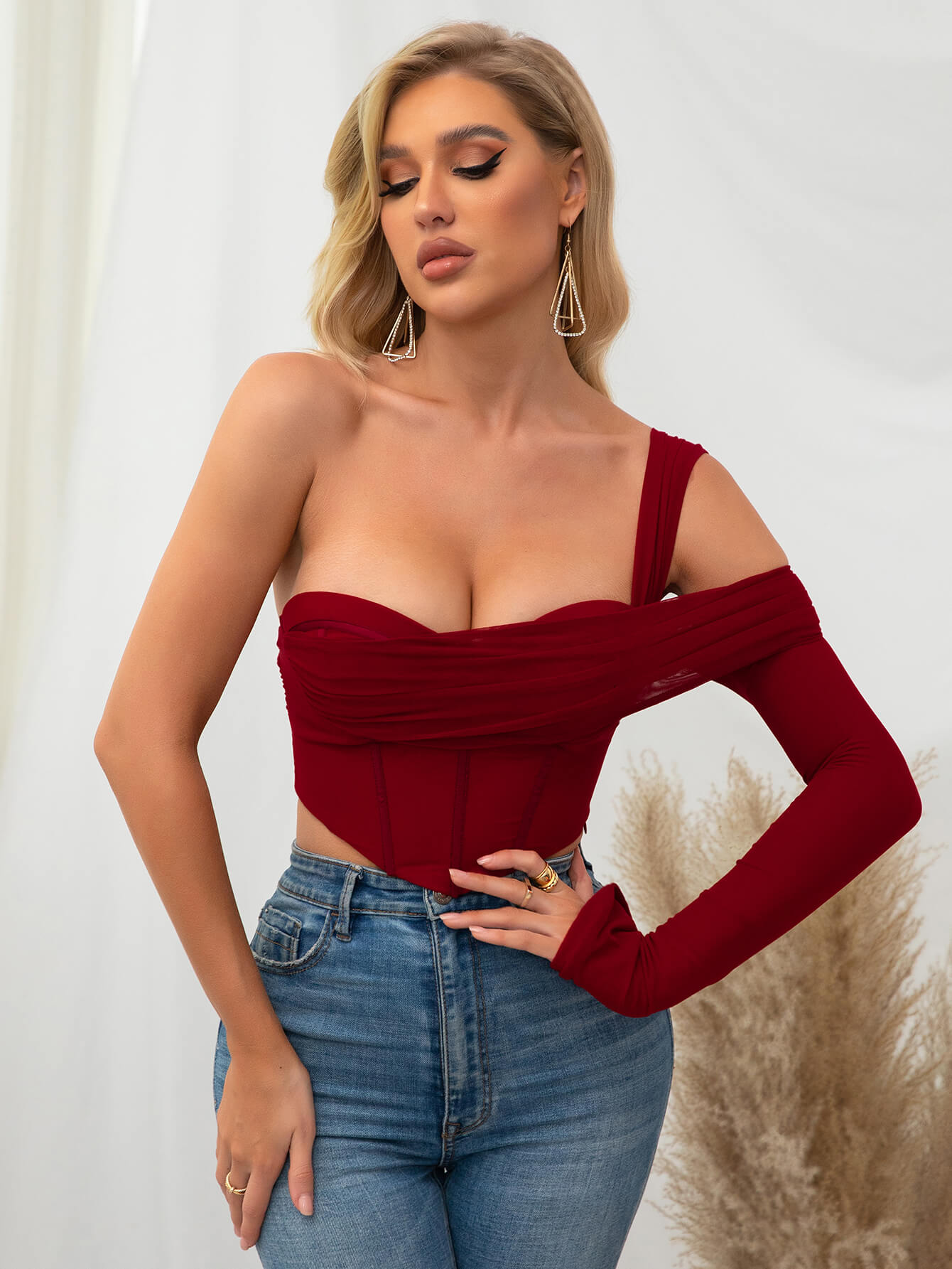 One Sleeve Corset Mesh Top