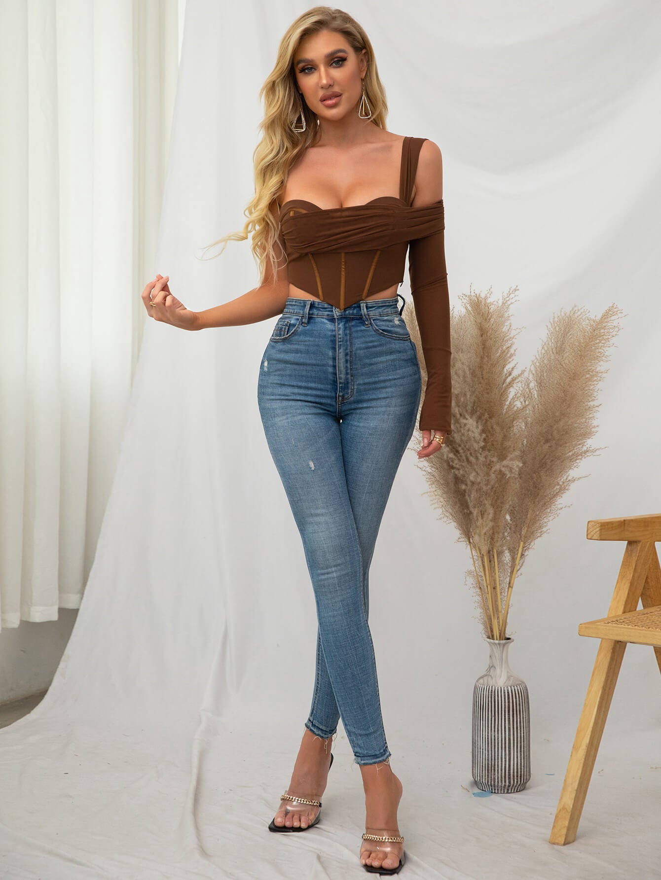 One Sleeve Corset Mesh Top