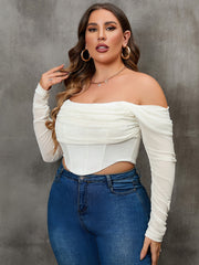 Plus Off Shoulder Ruched Asymmetrical Hem Corset Mesh Top