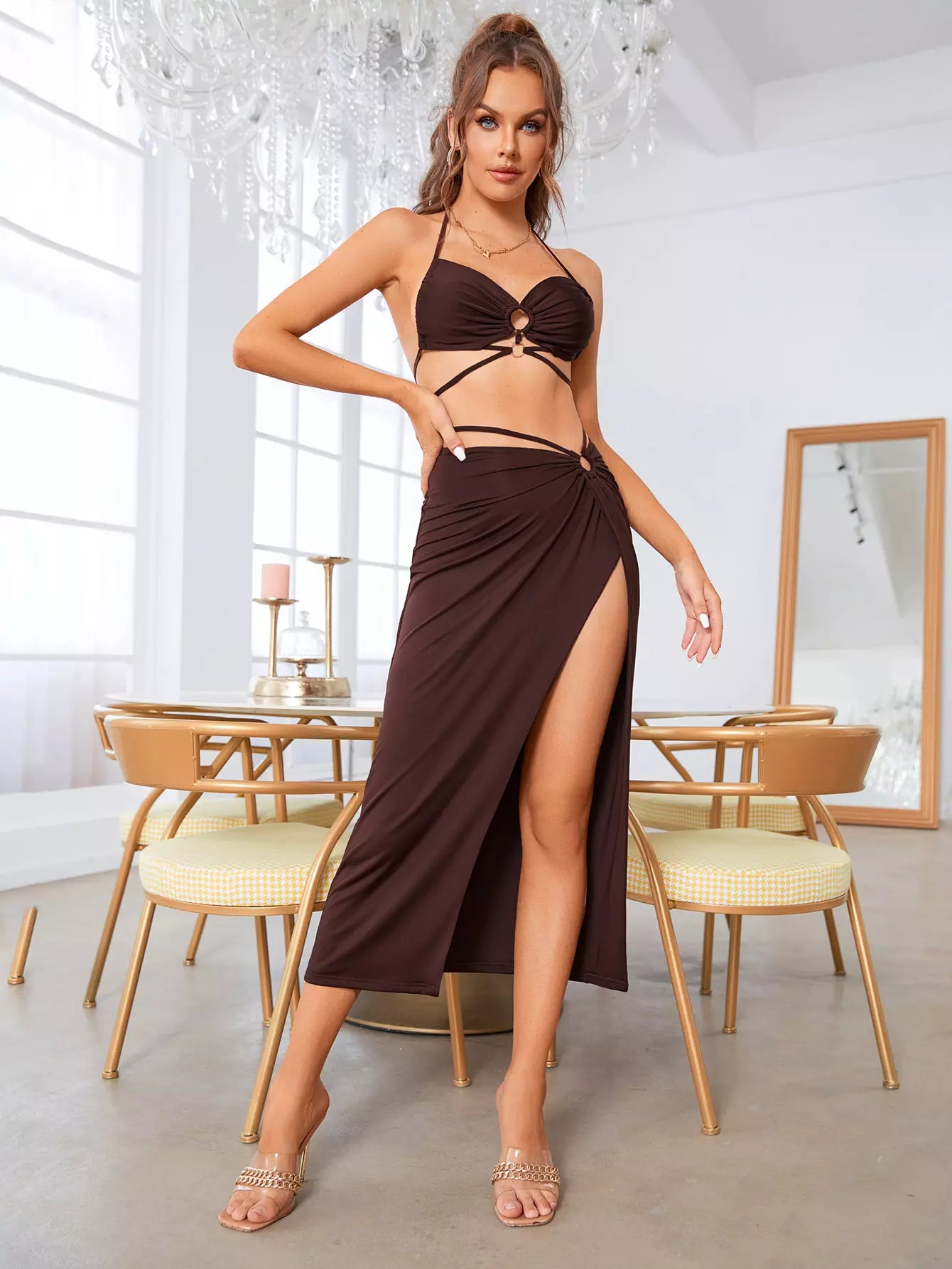 Ring Cut Out Crop Top Split Thigh Skirt Set