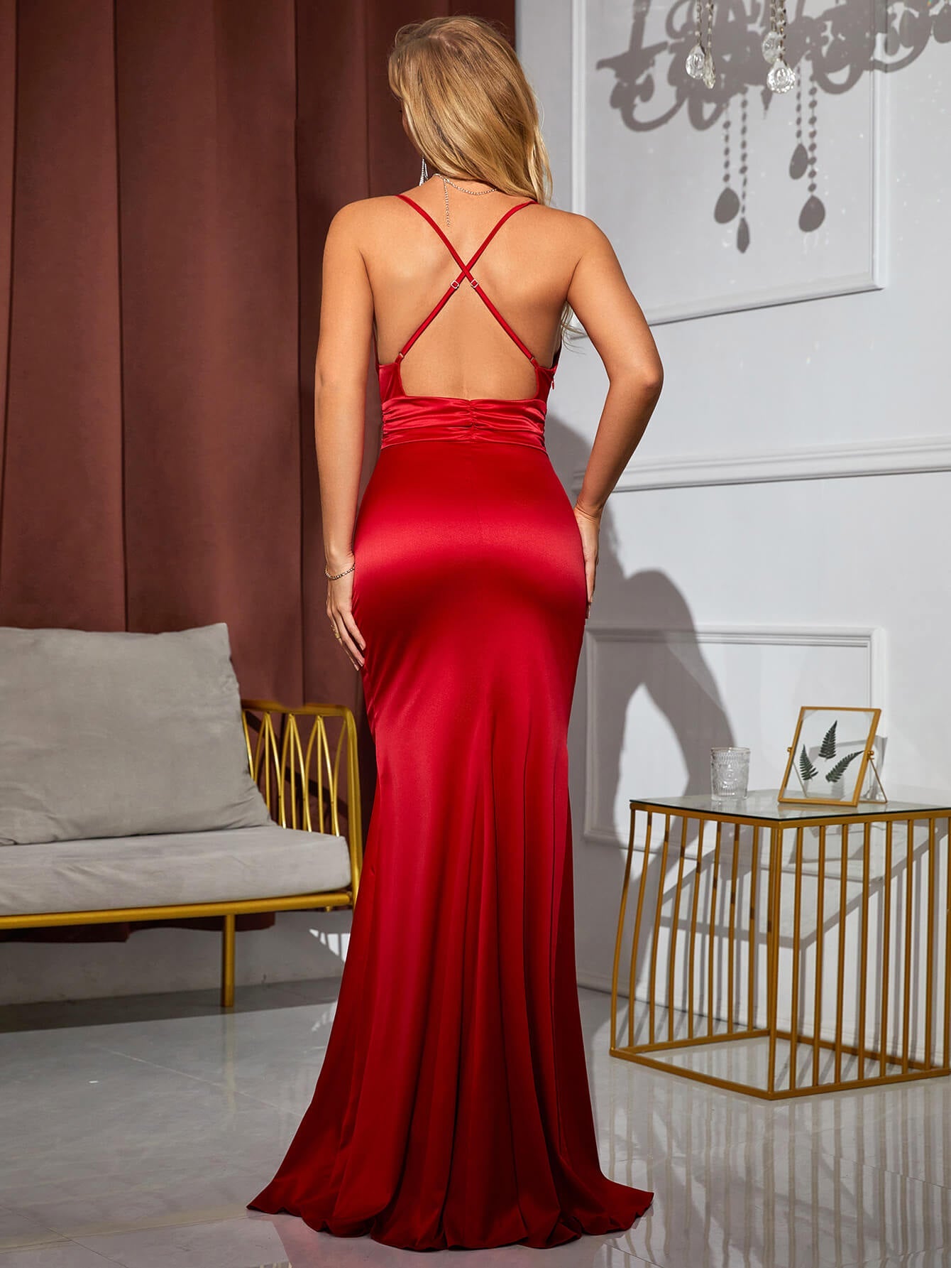 Ruched V Neck Backless Split Thigh Satin Dress