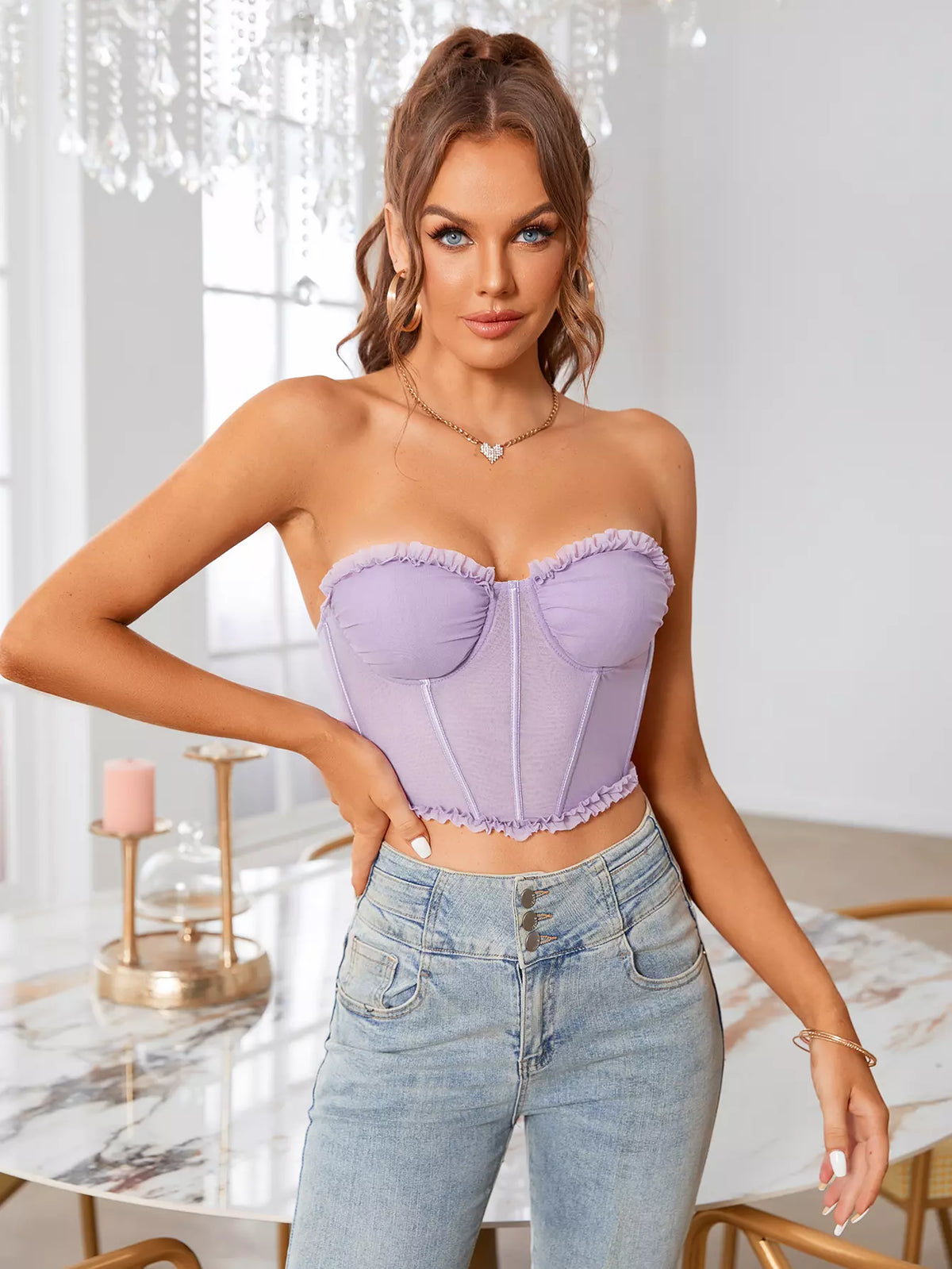 Ruffle Boning Pads Underwire See Through Mesh Corset Top