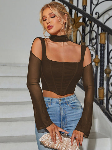 Boning Bell Sleeve Cut Out Mesh Corset Top