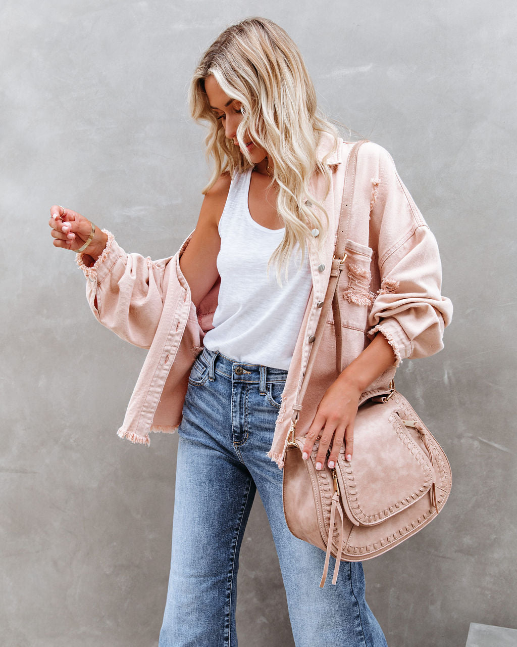 Thinking Out Loud Cotton Distressed Denim Jacket - Rose