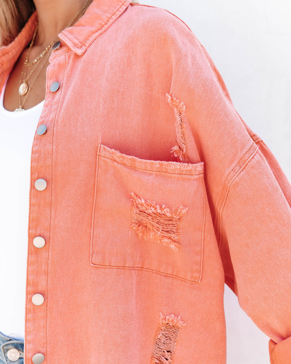 Thinking Out Loud Cotton Distressed Denim Jacket - Orange