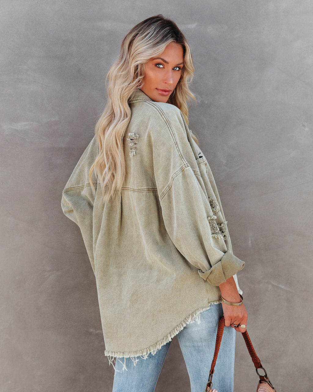 Thinking Out Loud Cotton Distressed Denim Jacket - Sage