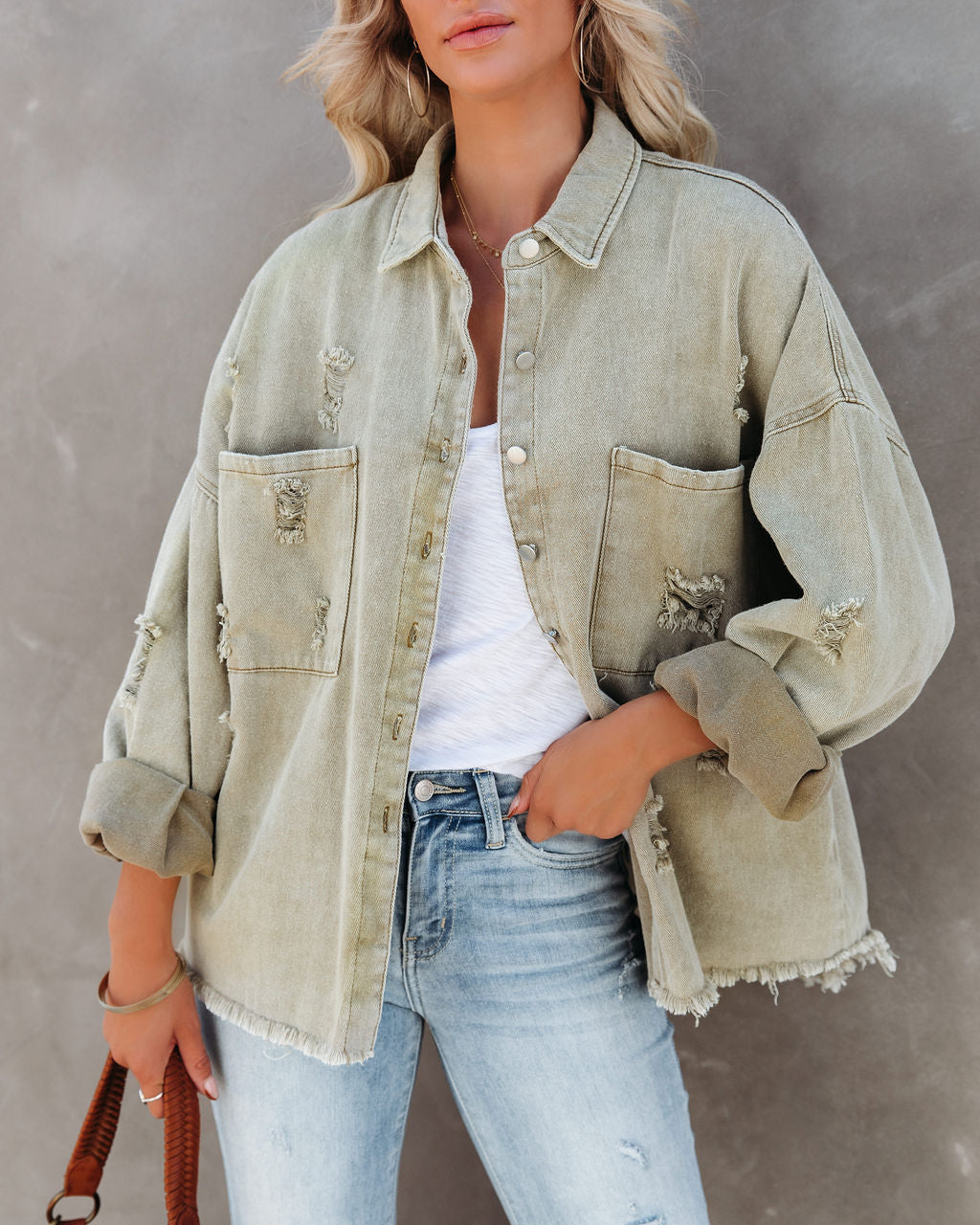 Thinking Out Loud Cotton Distressed Denim Jacket - Sage