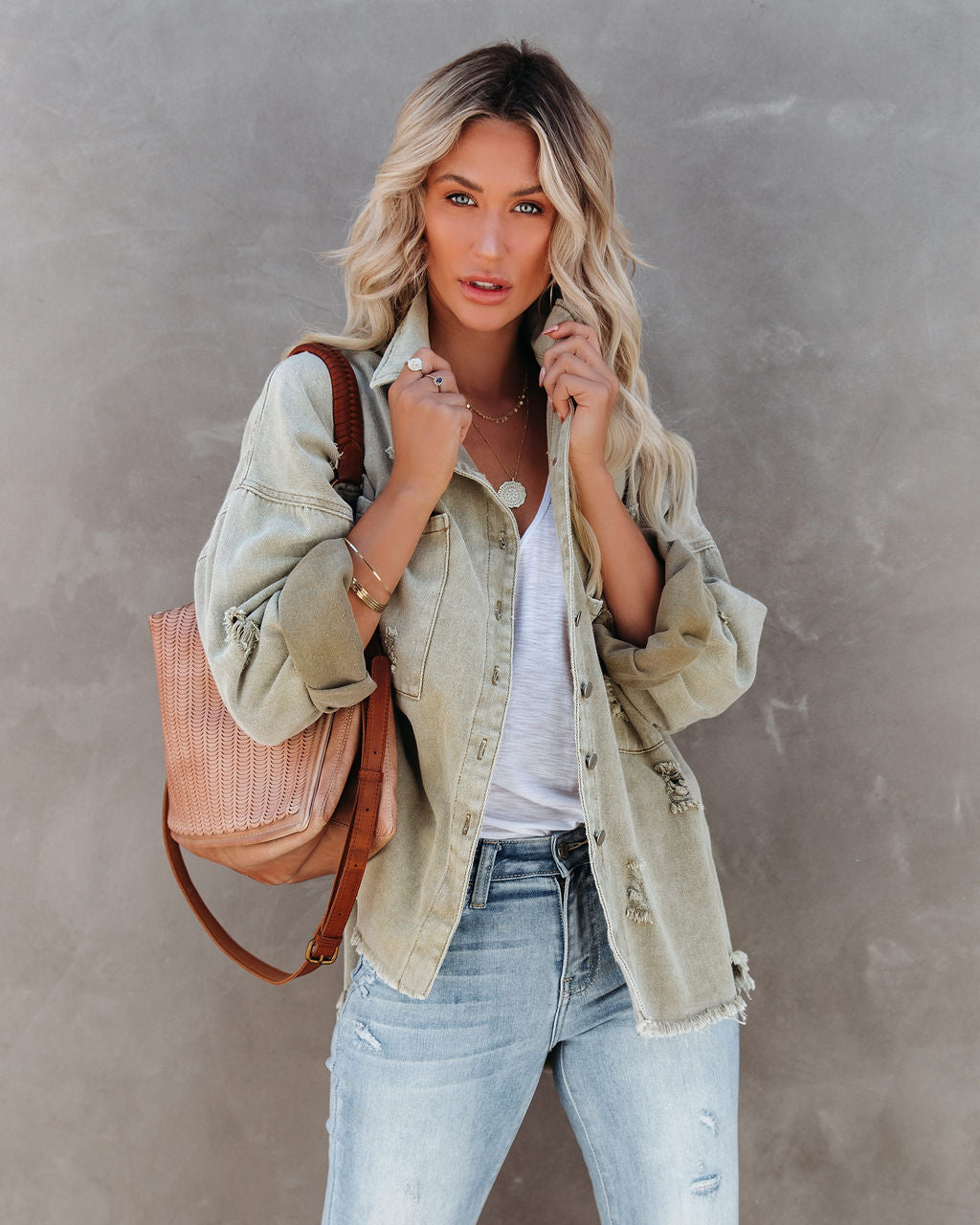 Thinking Out Loud Cotton Distressed Denim Jacket - Sage