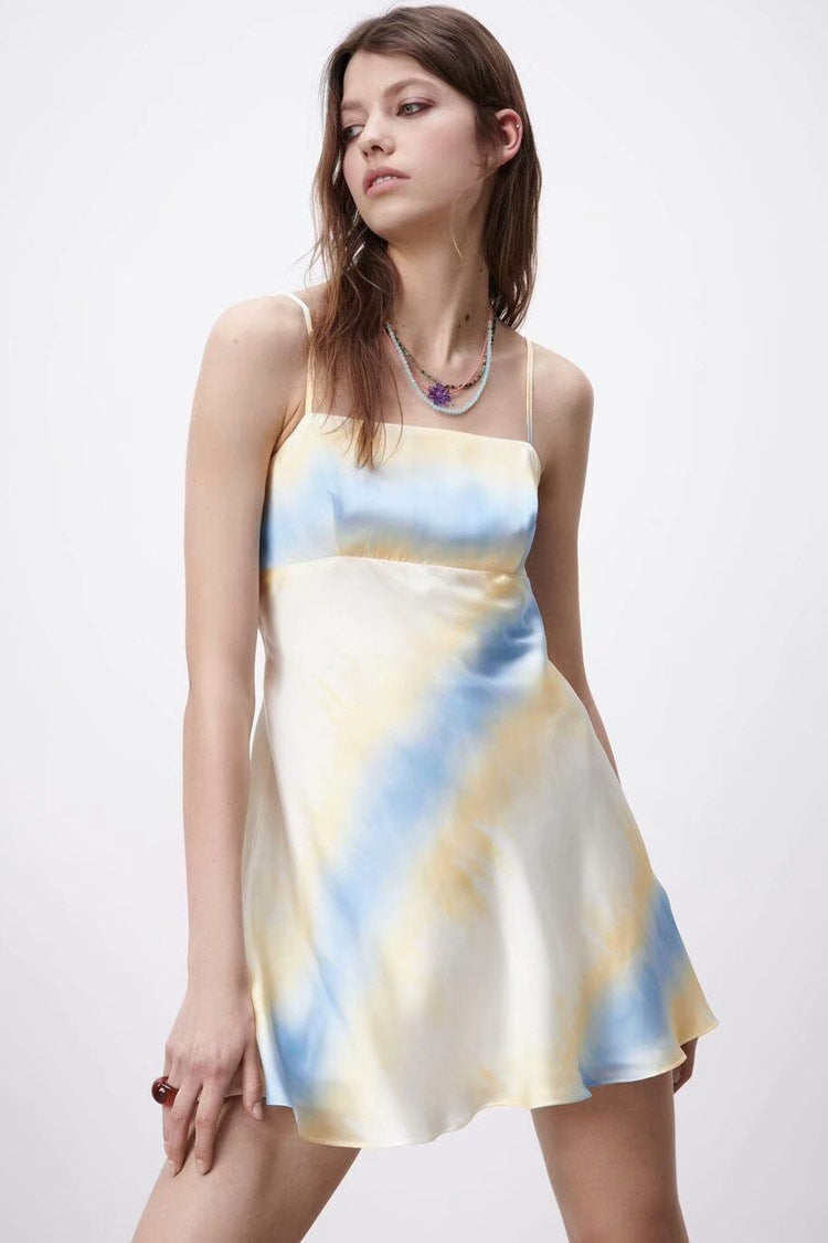 Tie Dye Print Square Neck A-Line Slip Mini Dress - Yellow