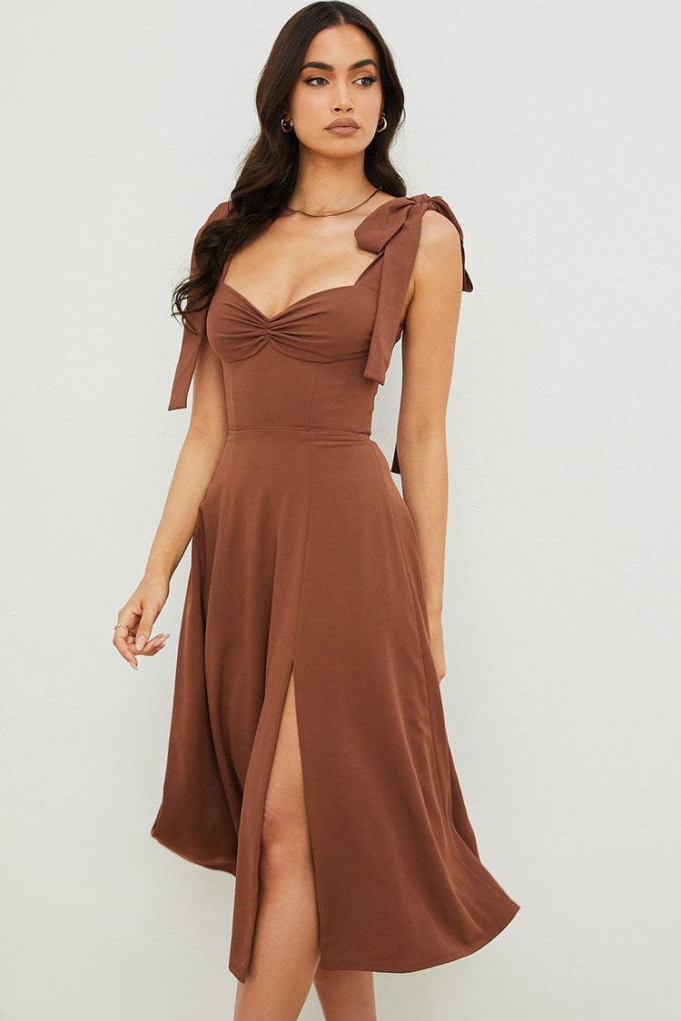 Tie Strap Fit & Flare High Slit Slip Midi Dress - Chocolate – Baly Shop