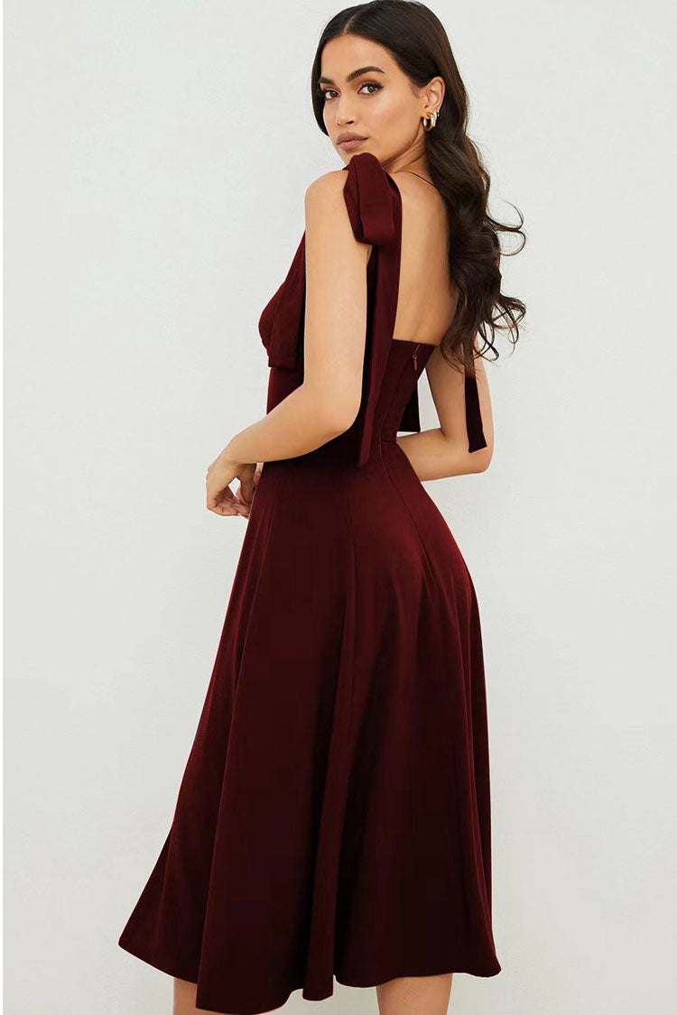 Tie Strap Fit & Flare High Slit Slip Midi Dress - Dark Wine – Baly Shop