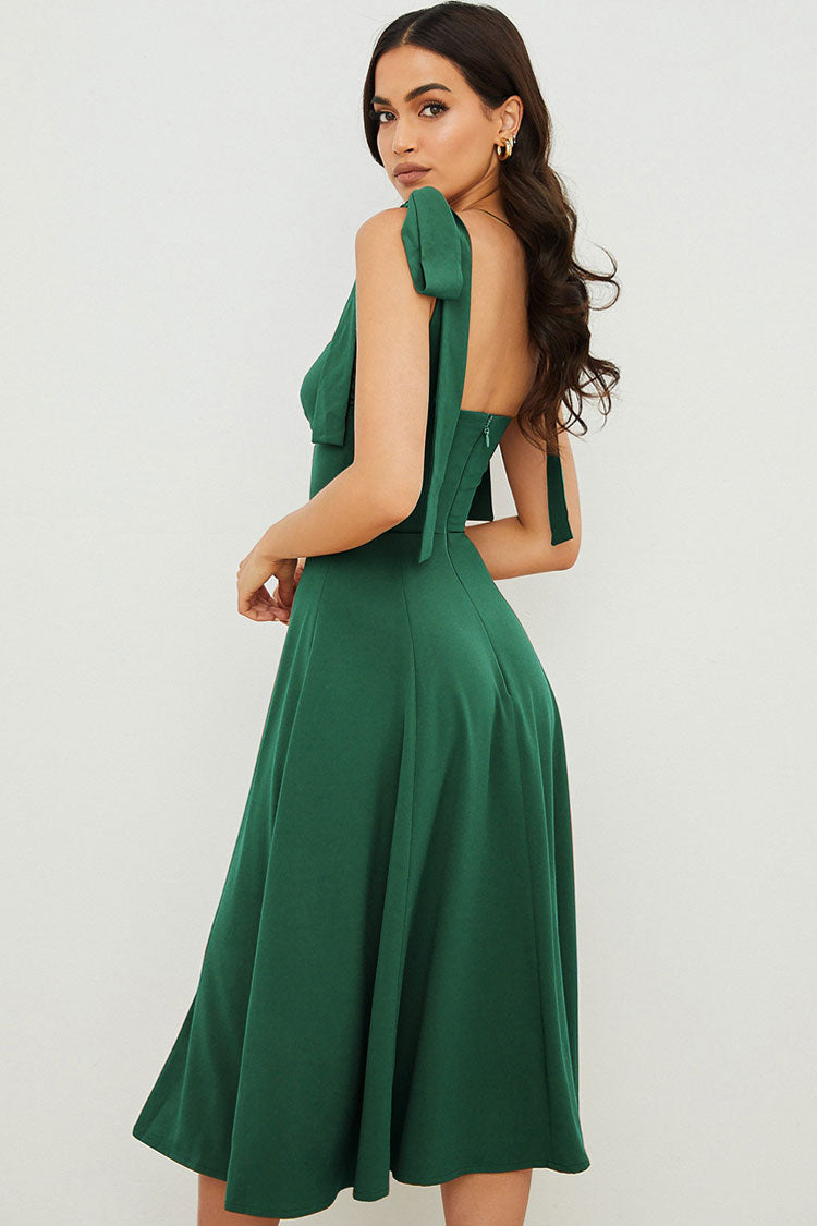 Tie Strap Fit & Flare High Slit Slip Midi Dress - Emerald Green Baly Shop Tie Strap Fit & Flare High Slit Slip Midi Dress - Emerald Green Baly Shop