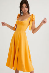 Tie Strap Fit & Flare High Slit Slip Midi Dress - Yellow