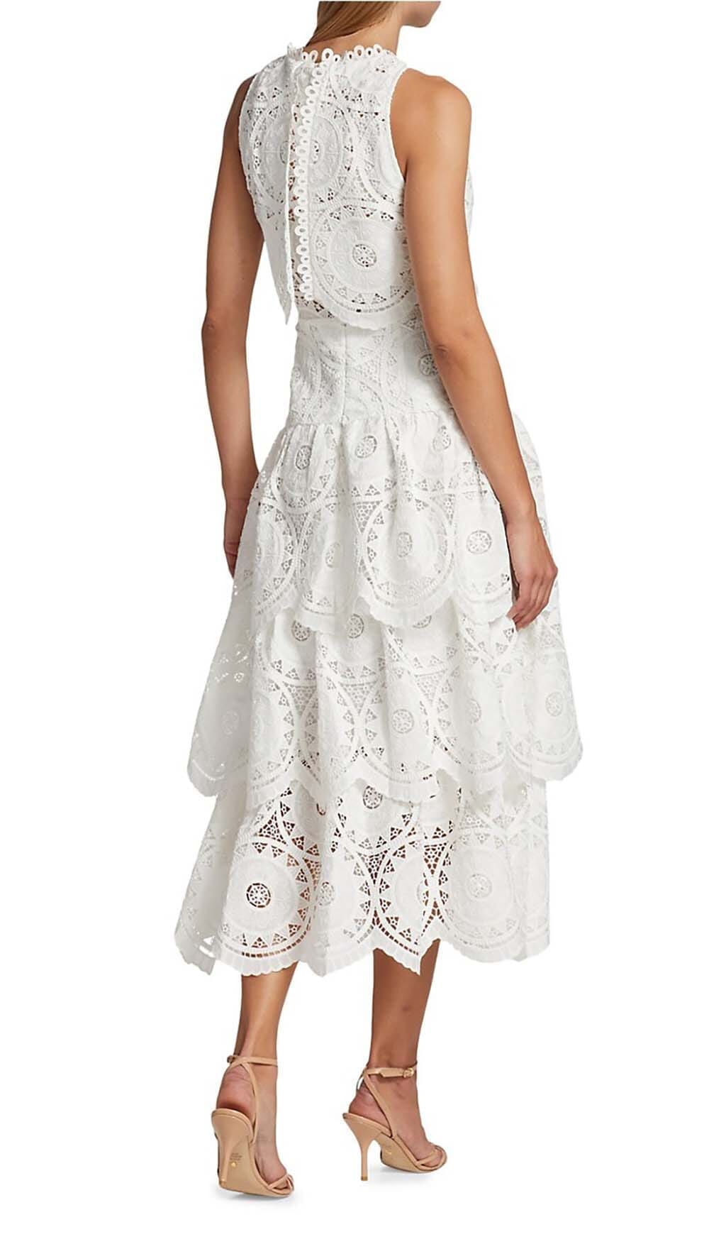 TIERED EYELET LACE MIDI DRESS IN WHITE