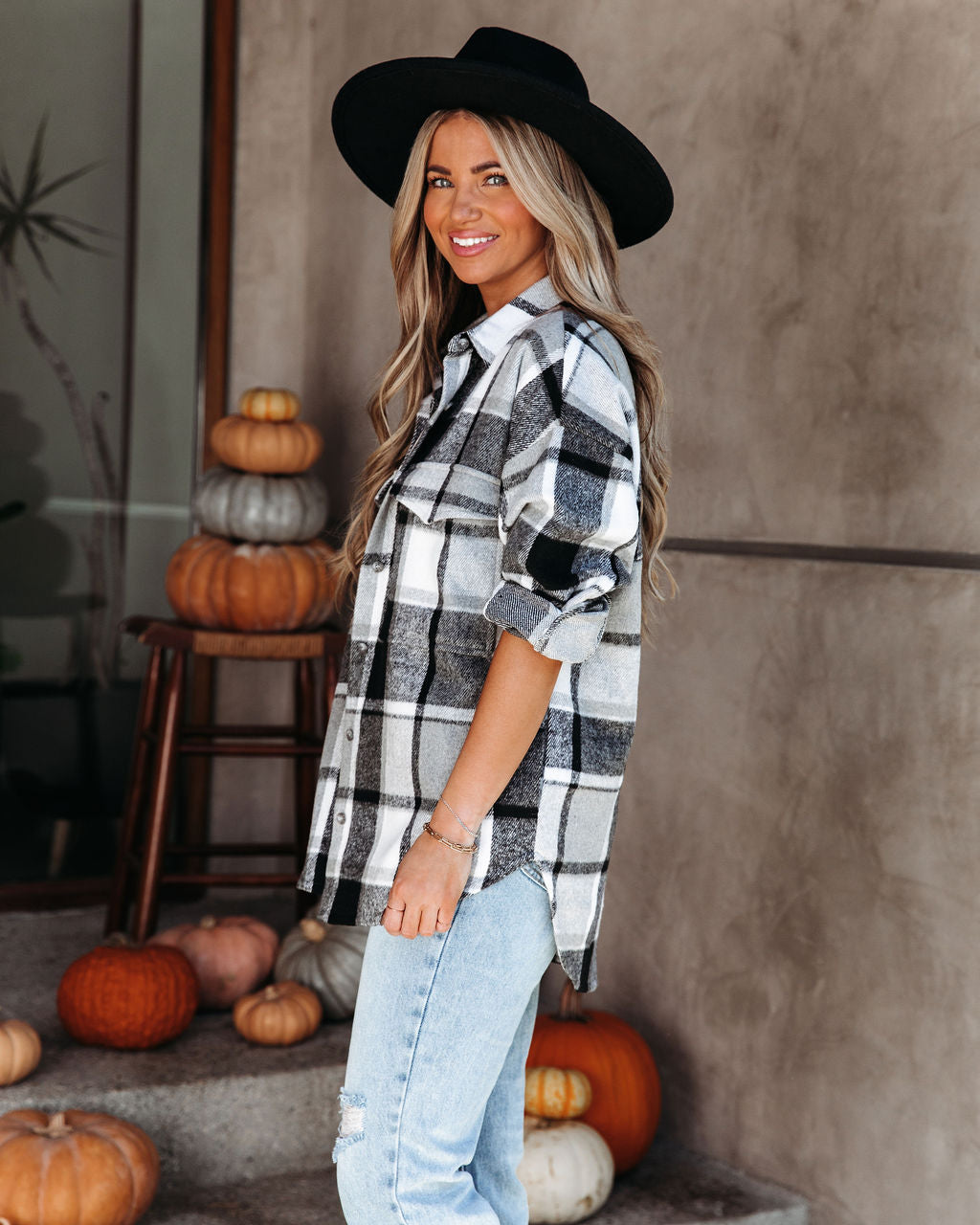 Trace Pocketed Plaid Button Down Shacket - Grey