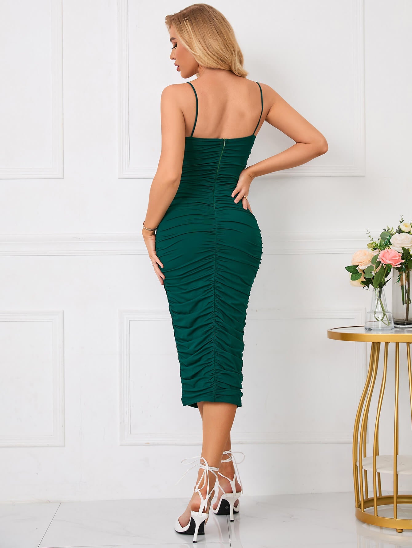 Zip Back Ruched Bodycon Midi Dress – Baly Shop